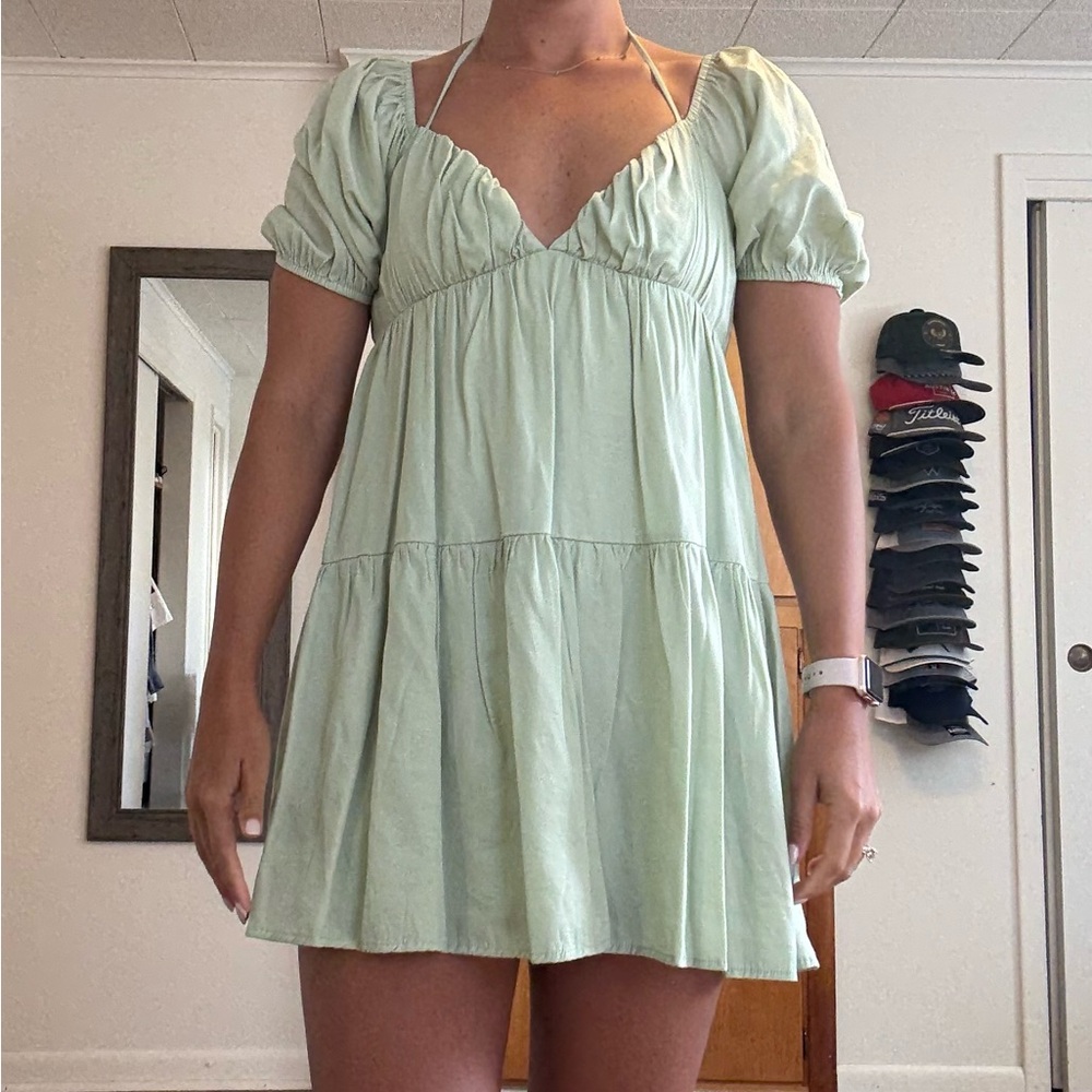 Cotton Candy Light Green Mini Dress with Puff Sleeves